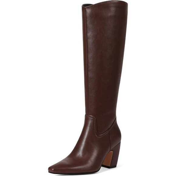 Women's Knee High Brown Boots Square Toe Chunky Heel Wide Calf Tall Zipper Boots - Picture 3 of 7